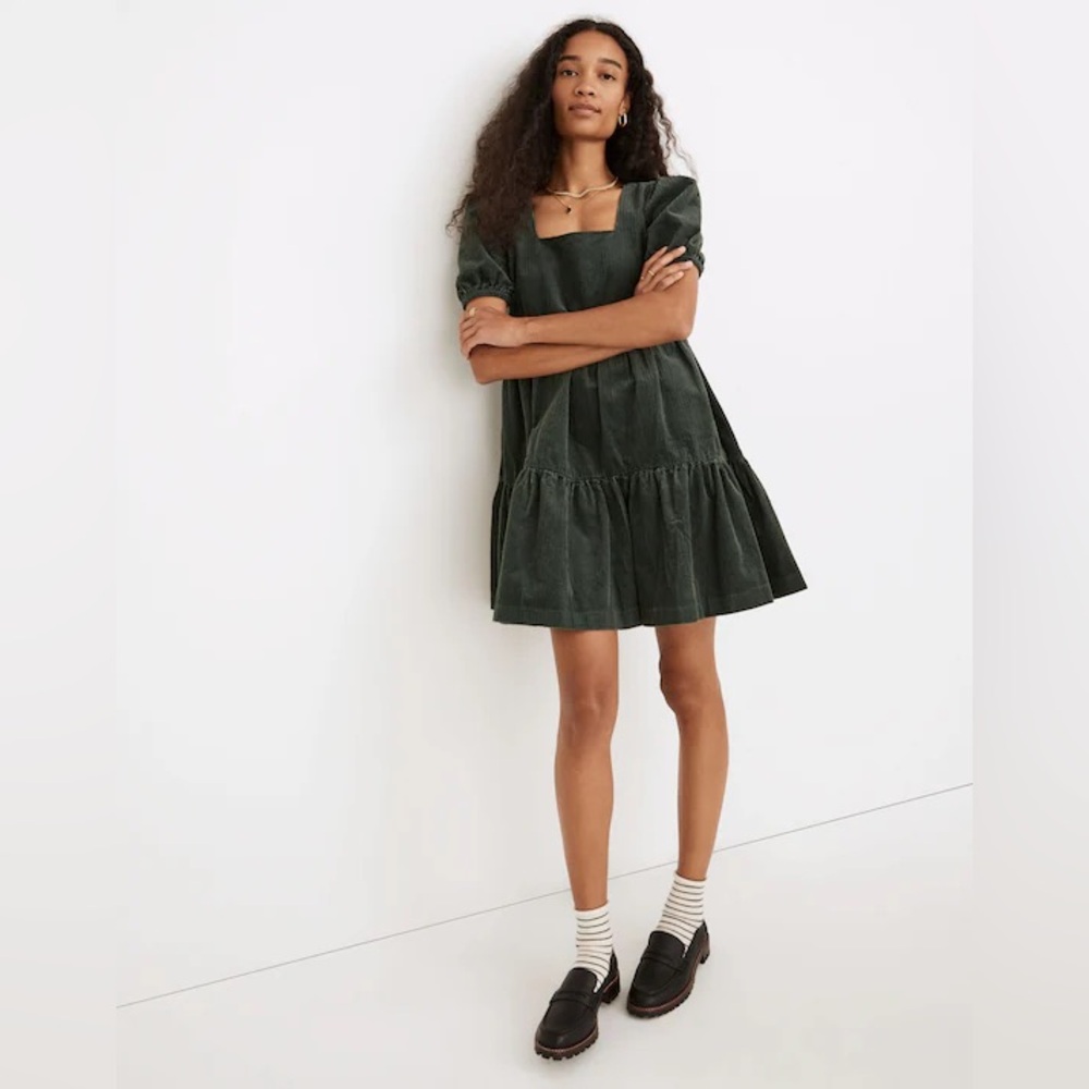 Madewell Short Sleeve Corduroy Aidy Square Neck Tiered Mini Dress - Forest - 14